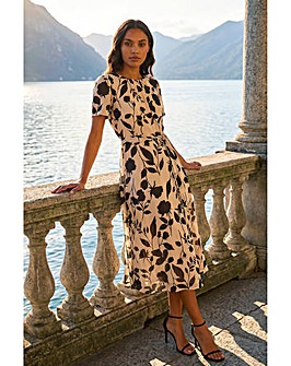 Roman Floral Print Pleat Neck Midi Dress