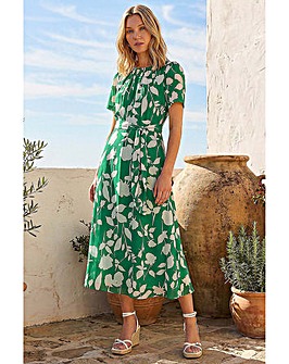 Roman Flower Print Pleat Neck Midi Dress