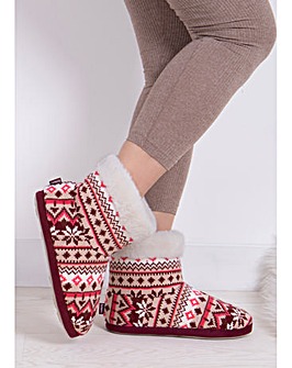 totes Ladies Fair Isle Knit Boot Slippers W/Faux Fur Cuff