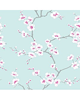 Fresco Apple Blossom Tree Teal Wallpaper