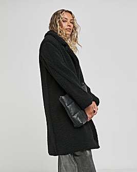 Black Raised Seam Detail Short Teddy Coat