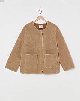 Natural Round Neck Zip Through Borg Jacket