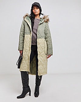 Green Colourblock Quilted Longline Coat