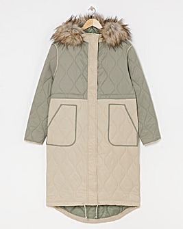 Green Colourblock Quilted Longline Coat