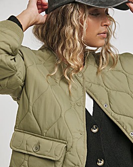 Khaki Round Neck Quilted Jacket