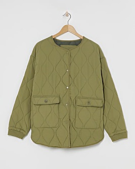 Khaki Round Neck Quilted Jacket
