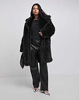 Black Longline Collar Revere Faux Fur Coat