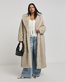 Cream Chevron Pelted Faux Fur Maxi Coat