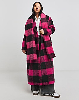 Pink Blanket Check Faux Wool Maxi Scarf Coat