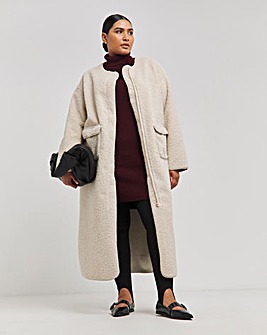 Neutral Collarless Teddy Maxi Coat