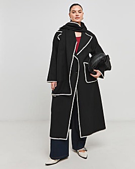 Black Blanket Stitch Maxi Scarf Coat