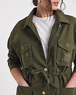 Khaki Floral Embroidered Utility Jacket
