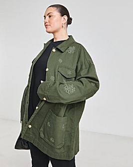 Khaki Floral Embroidered Utility Jacket