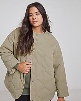 Khaki Textured Quilted Round Collar Jacket