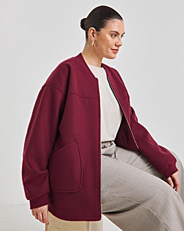 Burgundy Faux Wool Zip Through Bomber Jacket