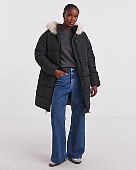 Black Fur Trim Longline Padded Coat