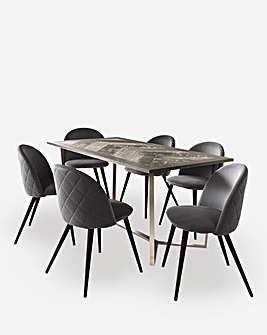 Coco Rectangular Dining Table with 6 Klara Velvet Chairs