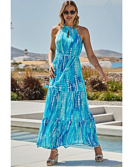 Sosandar Blue Conversational Halterneck Tiered Dress