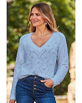 Sosandar V Neck Pointelle Stitch Feather Trim Jumper