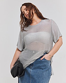 Silver Metallic Longline Side Split T-Shirt