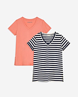 Simply Be Navy Stripe and Blush 2 Pack V Neck Lognline T-Shirt
