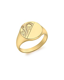 9CT Gold Half-Engraved Round Signet Ring