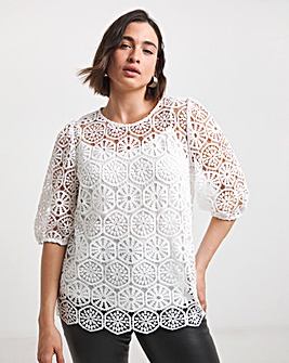 Joanna Hope Crochet Blouse With Puff Sleeves