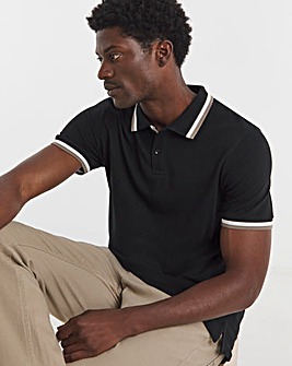 Tipped Pique Polo Long Length- Black