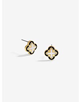 Inicio Gold Plated Jet Enamel And Mother Of Pearl Clover Earrings - Gift Pouch