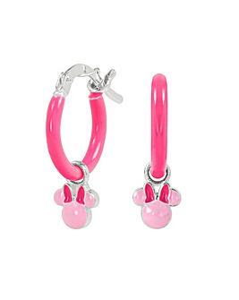 Sterling Silver Minnie Mouse Pink Enamel Huggie Earrings