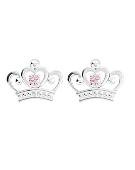 Sterling Silver Disney Princess Crown Pink Stone Set Stud Earrings