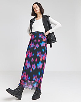 Blurred Floral Print Mesh Overlay Maxi Skirt