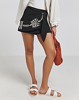 Black Tie Waist Embroidered Detail Skort