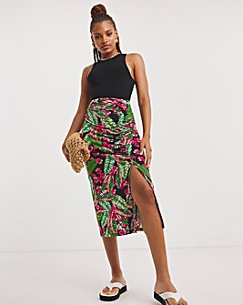 Tropical Print Ruched Detail Jersey Midi Skirt