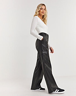 Black Stretch PU Cargo Wide Leg Trousers