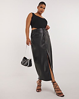 Black PU Stretch Maxi Skirt with Front Split