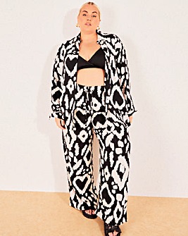 Mono Print Tie Waist Wide Leg Linen Trousers