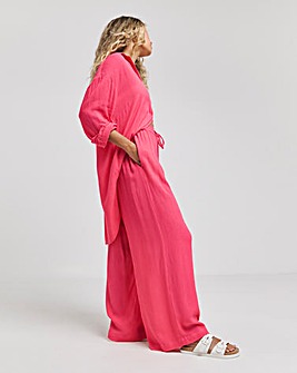 Pink Tie Waist Crinkle Wide Leg Trousers