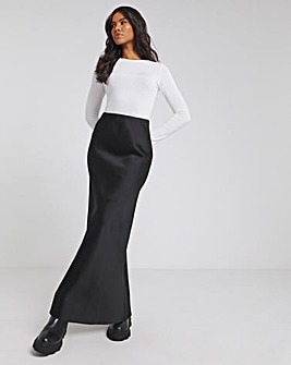 Black Satin Maxi Skirt with Asymmetric Seam