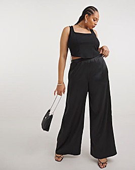 Black Stretch Satin Palazzo Wide Leg Trousers