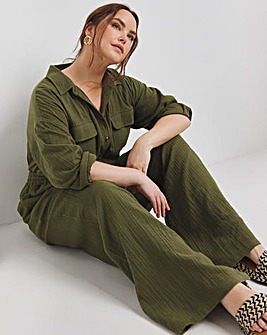 Khaki Cheesecloth Wide Leg Trousers