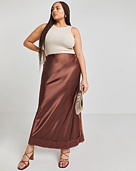 Chocolate Lace Trim Satin Maxi Skirt