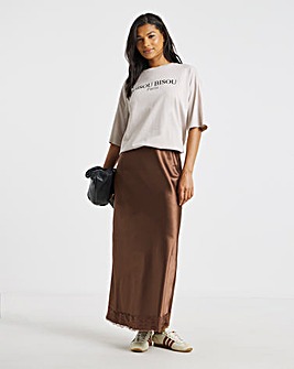 Chocolate Lace Trim Satin Maxi Skirt