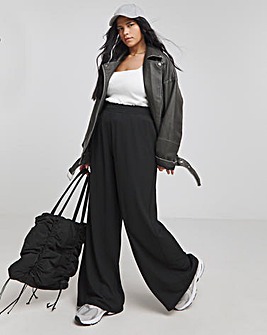 Black Textured Jersey Wide Leg Trousers