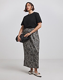 Grey Leopard Print Satin Maxi Skirt