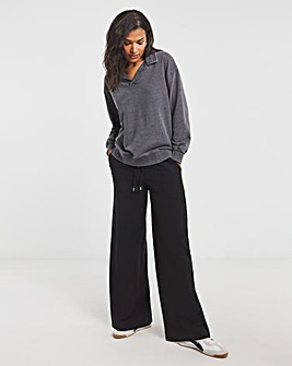 Black Drawcord Waist Relaxed Wide Leg Trousers