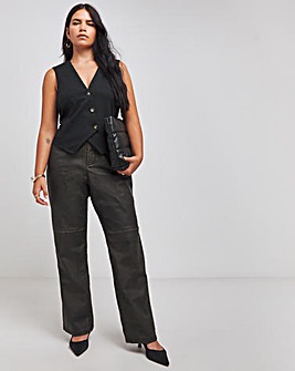 Washed Black PU Straight Leg Trousers