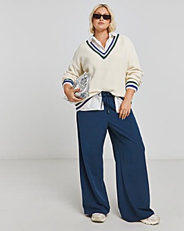 Navy Drawcord Waist Relaxed Wide Leg Trousers