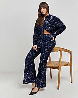 Navy Flared Sequin Trousers