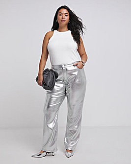 Silver Metallic PU Straight Leg Trousers